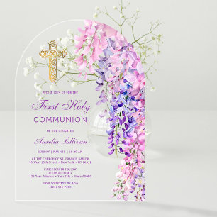 Watercolor Wisteria Arch First Communion Acrylic Invitations