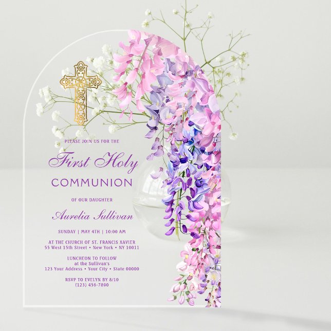 Watercolor Wisteria Arch First Communion Acrylic Invitations (Creator Uploaded)