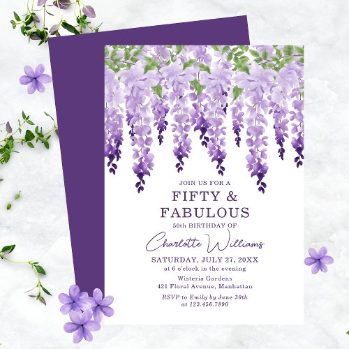 Watercolor Wisteria Fifty  Fabulous Floral Chic Invitation