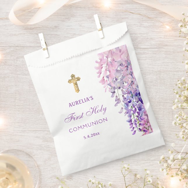 Watercolor Wisteria First Communion Favor Bag (Clipped)
