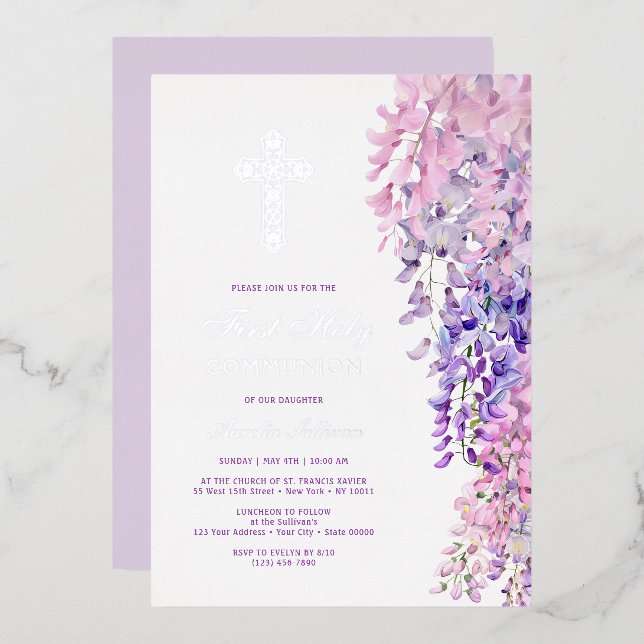 Watercolor Wisteria First Communion Foil Invitation (Front/Back)