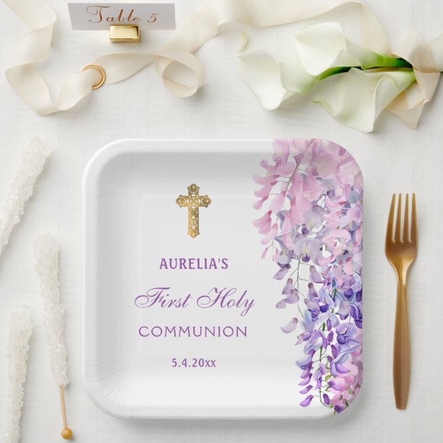 Watercolor Wisteria First Communion Paper Plates (Wedding)