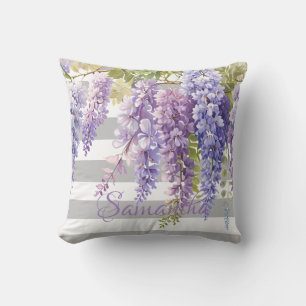 Watercolor wisteria floral gray stripped throw pillow