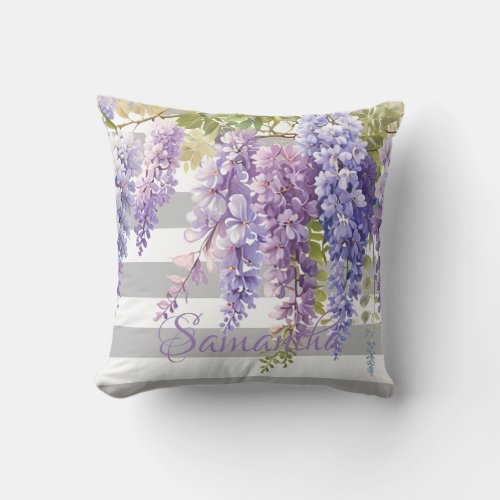 Watercolor wisteria floral gray stripped throw pillow
