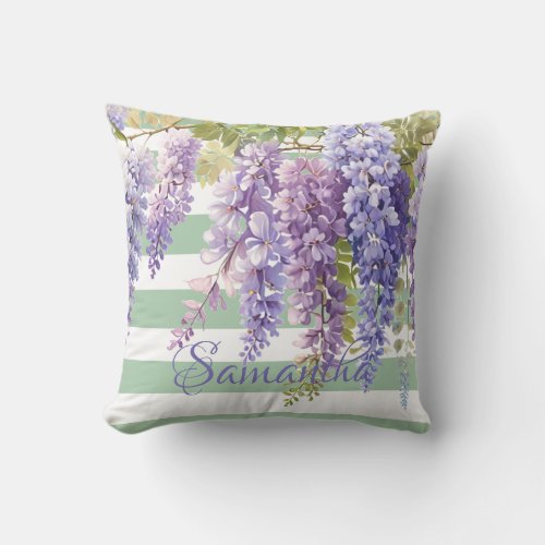 Watercolor wisteria floral green stripped throw pillow