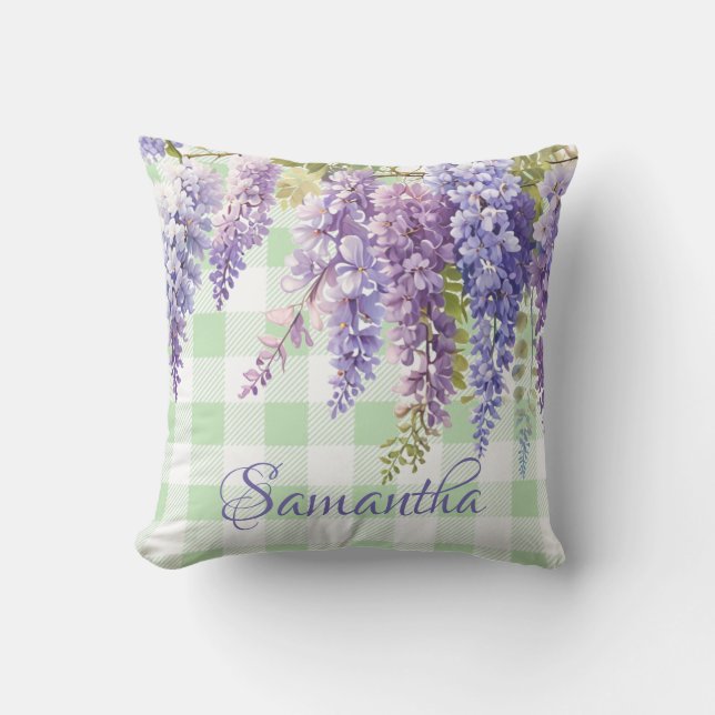 Watercolor wisteria floral green white check throw pillow (Front)