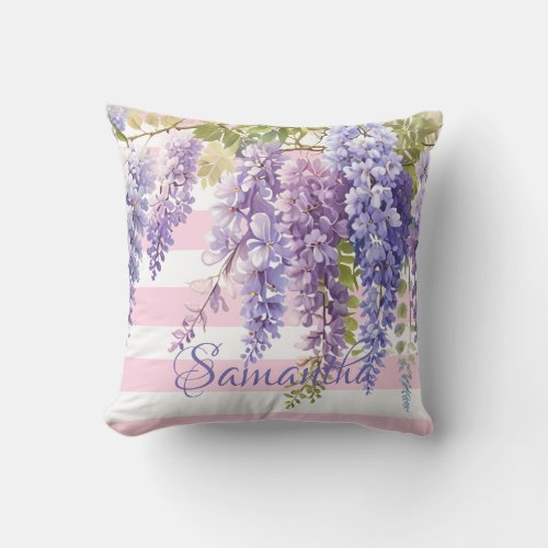 Watercolor wisteria floral pink stripped throw pillow