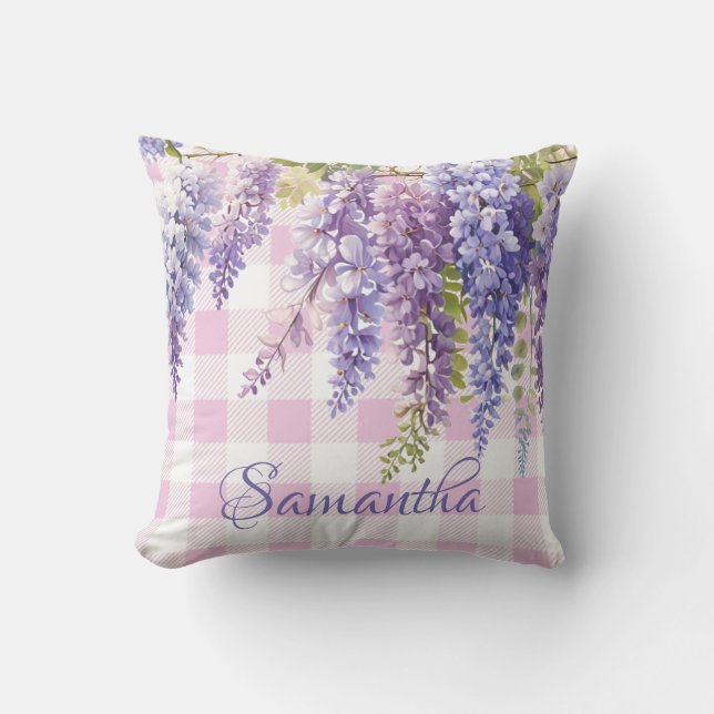 Watercolor wisteria floral pink white check throw pillow (Front)