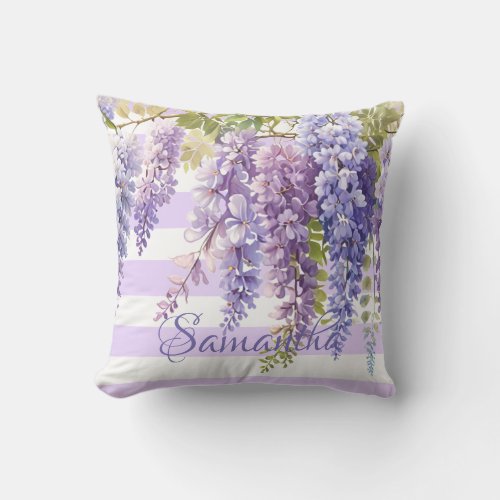Watercolor wisteria floral purple stripped throw pillow