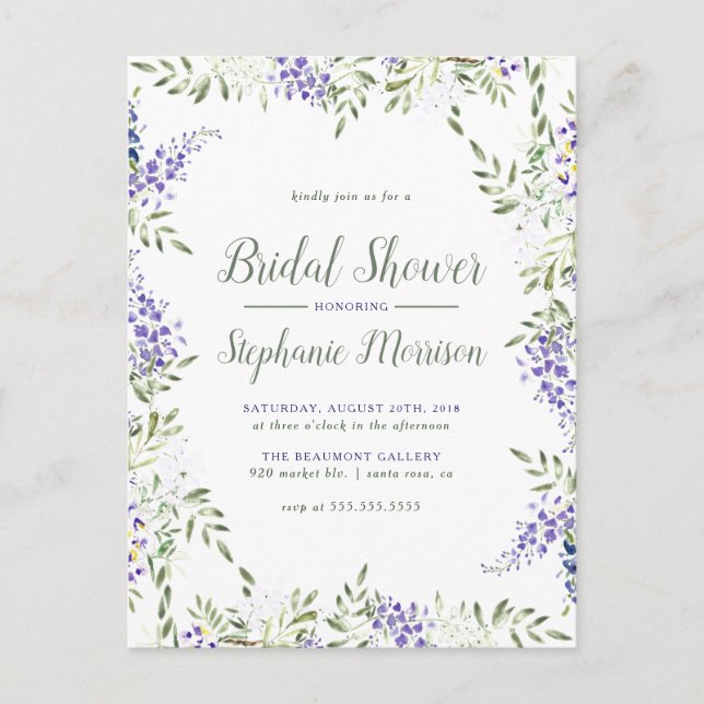 Watercolor Wisteria Frame Floral Bridal Shower Invitation Postcard (Front)