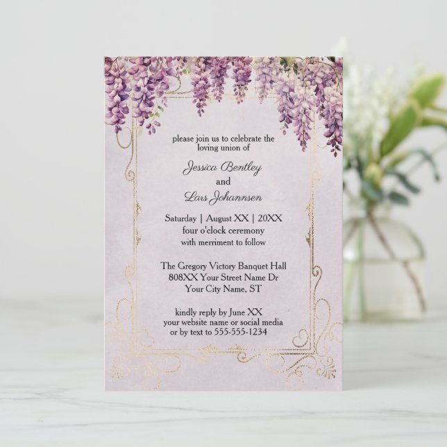 Watercolor Wisteria on Lavender Wedding Invitation (Standing Front)