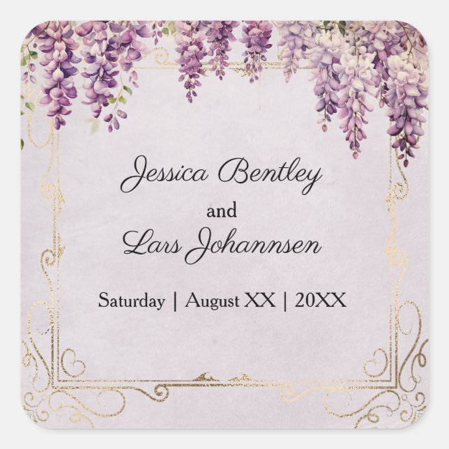 Watercolor Wisteria on Lavender Wedding Square Sticker (Front)