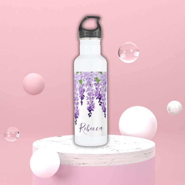 Watercolor Wisteria Personalized Name Stainless Steel Water Bottle (Creator Uploaded)