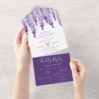Wisteria Purple Lilac Silver All In One Wedding Invitations