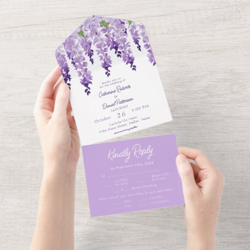 Watercolor Wisteria Purple Lilac Floral Wedding All In One Invitation