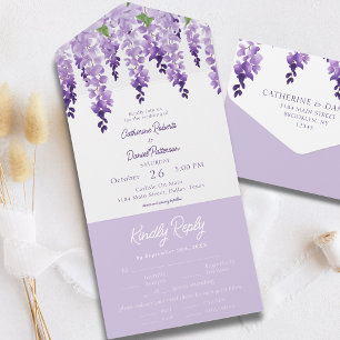Watercolor Wisteria Purple Lilac Floral Wedding All In One Invitation