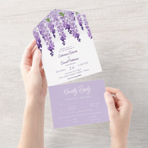 Watercolor Wisteria Purple Lilac Floral Wedding All In One Invitation