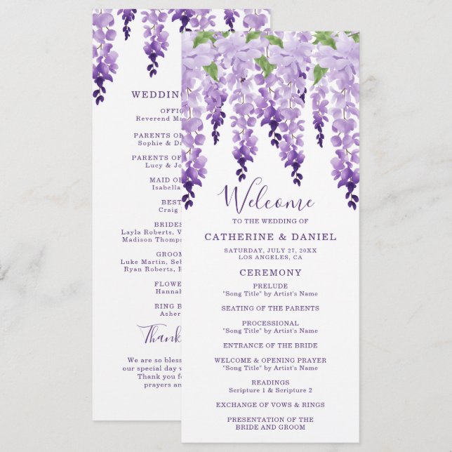 Watercolor Wisteria Purple Lilac Floral Wedding Program (Front/Back)