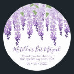 Watercolor Wisteria Thank You | Bat Mitzvah Classic Round Sticker<br><div class="desc">This design features elegant watercolor wisteria flowers in soft lavender and purple with green leaves on a white background with your Bat Mitzvah thank you message and the date below. Personalize by editing the text in the text boxes. Designed for you by Evco Studio www.zazzle.com/store/evcostudio #batmitzvah ##party #thankyou #thanks #stickers...</div>