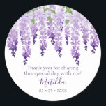 Watercolor Wisteria Thank You | Bat Mitzvah Classic Round Sticker<br><div class="desc">This design features elegant watercolor wisteria flowers in soft lavender and purple with green leaves on a white background with your Bat Mitzvah thank you message and the date below. Personalize by editing the text in the text boxes. Designed for you by Evco Studio www.zazzle.com/store/evcostudio #mitzvah #batmitzvah #eventplanner #mazeltov #jewish...</div>