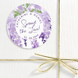 Watercolor Wisteria Wedding Spread The Love Script Classic Round Sticker<br><div class="desc">Watercolor Wisteria Wedding Spread The Love Script Stickers features elegant watercolor wisteria flowers in soft lavender and purple with green leaves on a white background with your wedding thank message and the date below. On the reverse is a soft lilac. Personalize by editing the text in the text boxes. Designed...</div>