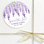 Watercolor Wisteria Wedding Spread The Love Script Classic Round Sticker<br><div class="desc">Watercolor Wisteria Wedding Spread The Love Script Favor Stickers features elegant watercolor wisteria flowers in soft lavender and purple with green leaves on a white background with your wedding thank message and the date below. On the reverse is a soft lilac. Personalize by editing the text in the text boxes....</div>