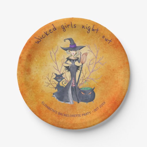 Watercolor witch Halloween bachelorette party Paper Plates