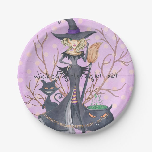 Watercolor witch Halloween bachelorette party Paper Plates (Front)