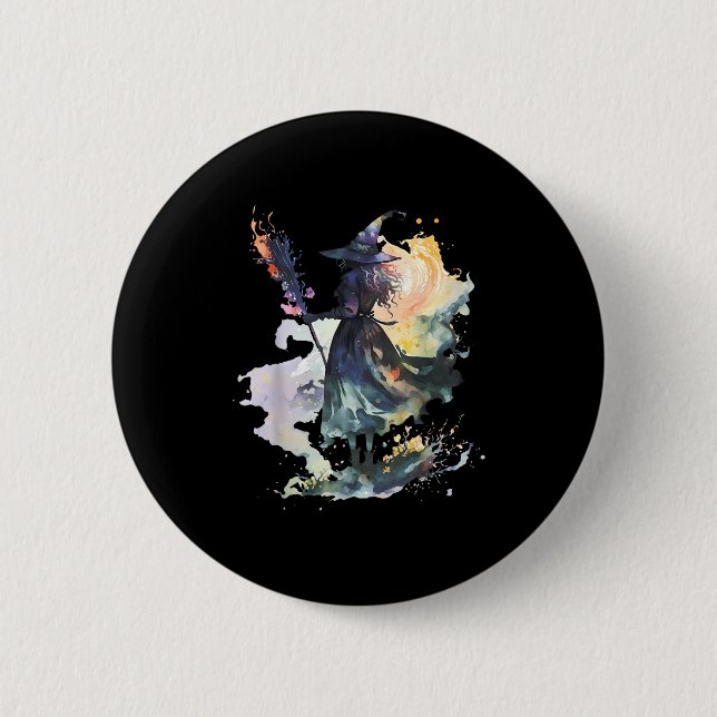 Watercolor Witch Halloween Fall Autumn Art Paintin Button (Front)