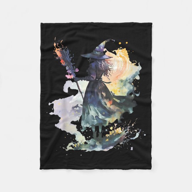 Watercolor Witch Halloween Fall Autumn Art Paintin Fleece Blanket (Front)