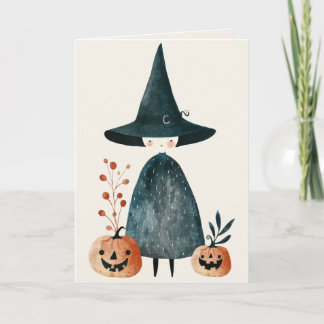 Watercolor Witch& Jack o Lanterns Happy Halloween Card