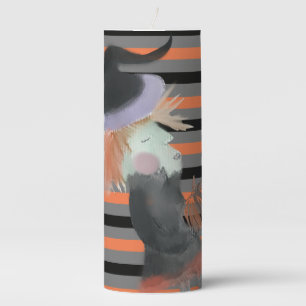 Watercolor Witch Pumpkin Halloween Orange Gray Pillar Candle