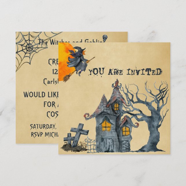 Watercolor Witches Goblins Halloween Costume Party Invitation (Front/Back)