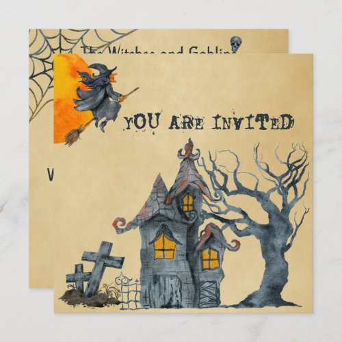 Watercolor Witches Goblins Halloween Costume Party Invitation