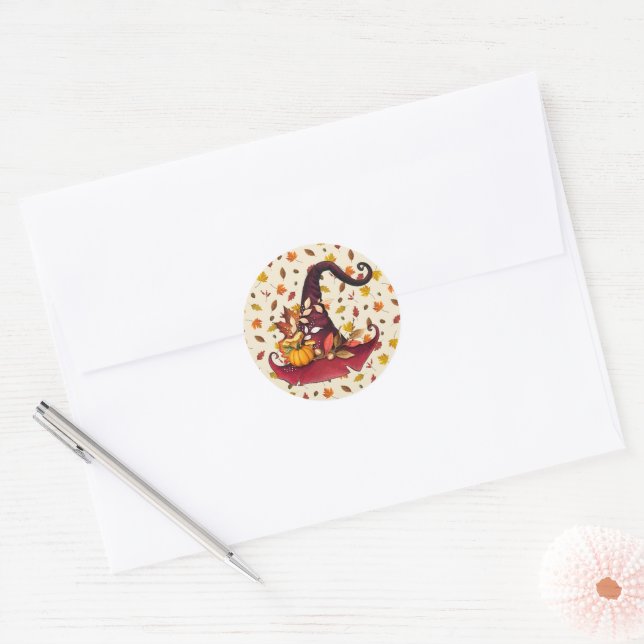 Watercolor Witches Hat and Fall Leaves   Classic Round Sticker (Envelope)