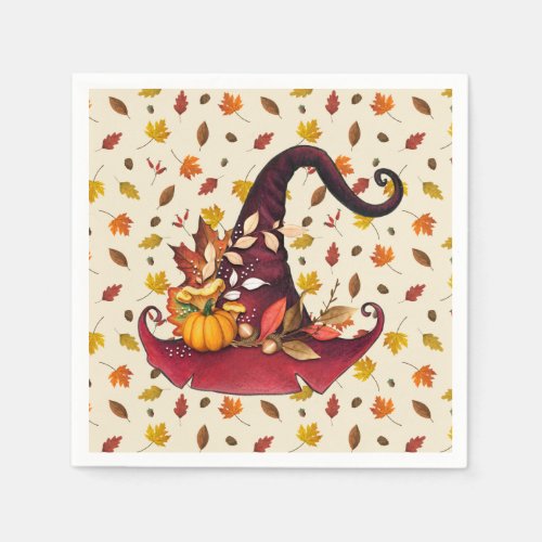 Watercolor Witches Hat and Fall Leaves  Paper  Napkins