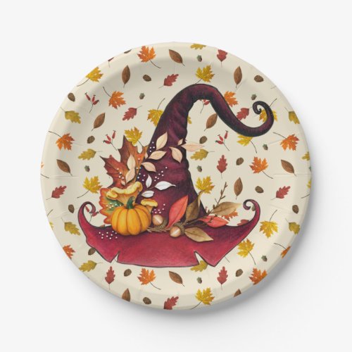 Watercolor Witches Hat and Fall Leaves  Paper Plates