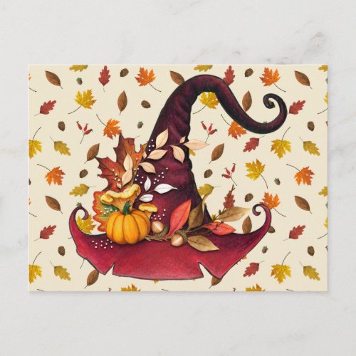 Watercolor Witches Hat and Fall Leaves Postcard