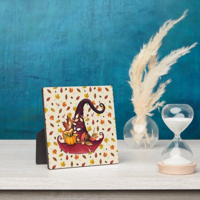 Watercolor Witches Hat and Fall Leaves Tabletop Plaque (Insitu)