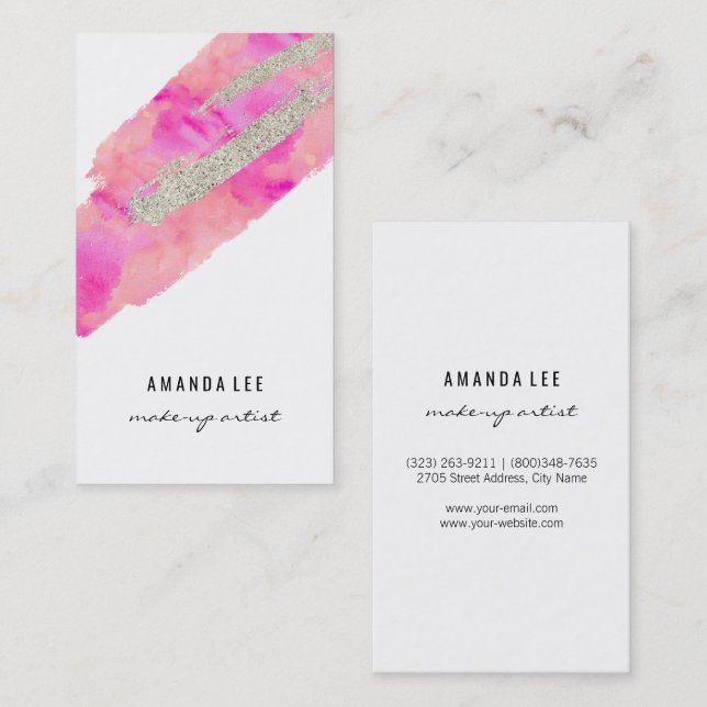 Watercolor with Faux Silver Glitter Brush Strokes Business Card (Front/Back)