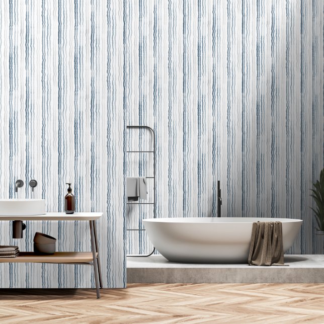 Watercolor Wobbly Stripes, Slate Blue, Gray, White Wallpaper (Bathroom)
