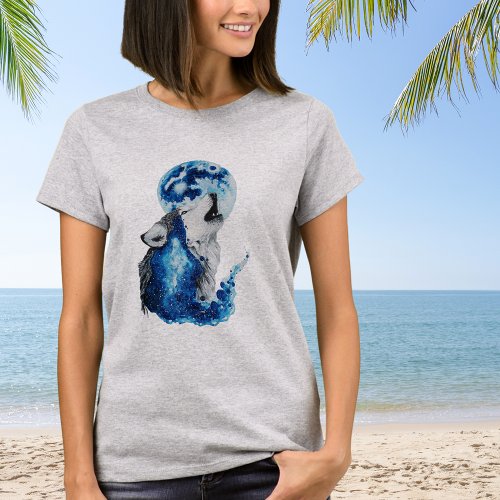 Watercolor Wolf and Moon T_Shirt