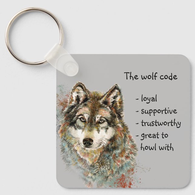 Watercolor Wolf Code Quote, Wolves Custom Name Keychain (Front)