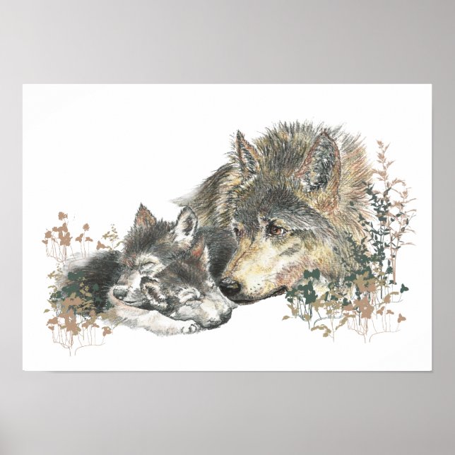 Watercolor Wolf & Cub Animal Art Poster (Front)