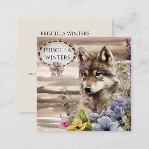  Watercolor Wolf Flowers  Square Business Card