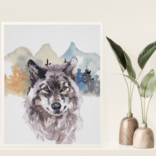 Watercolor Wolf Forest Nursery Child Woodland Poster