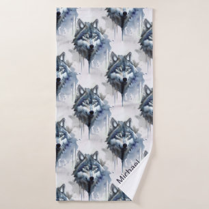 Watercolor Wolf Head Dusty Blue Bath Towel