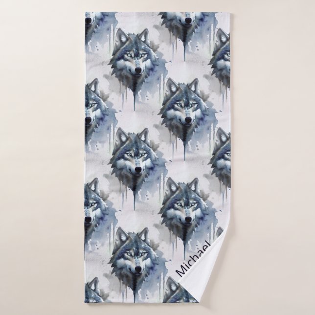 Watercolor Wolf Head Dusty Blue Bath Towel (Bath Towel)