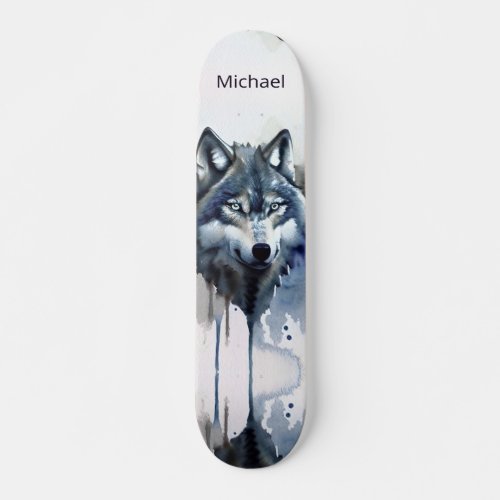 Watercolor Wolf Head Dusty Blue Skateboard