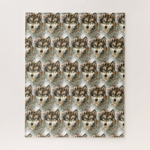 Watercolor Wolf Head Grey Black White Colors Jigsaw Puzzle